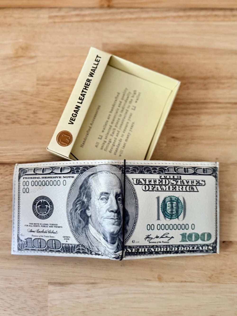 NWOT Bifold Wallet Vegan Leather with $100 Hundred Dollar Print